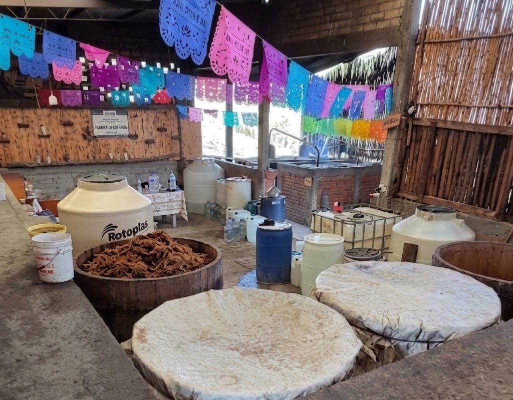 Palenque artesanal de fermentación — tinas de madera Zitael, San Baltazar Chichicapam