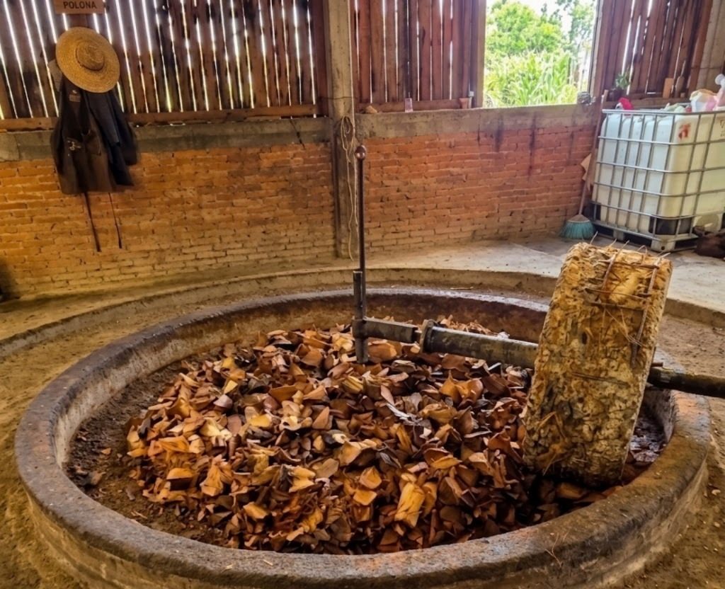 Palenque artesanal con tahona de piedra — molienda del agave cocido